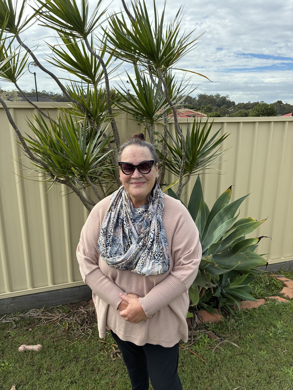 Karen Ball wearing Faded leopard print sun wrap