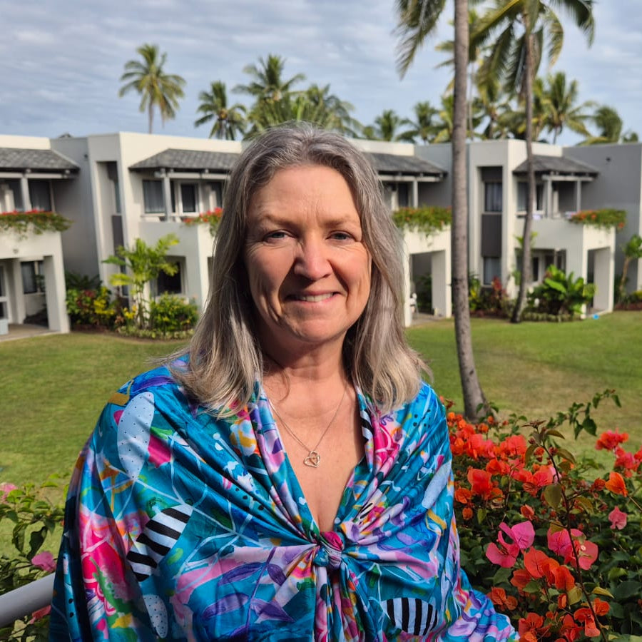 Linda wearing The Mighty Jungle Sun Wrap