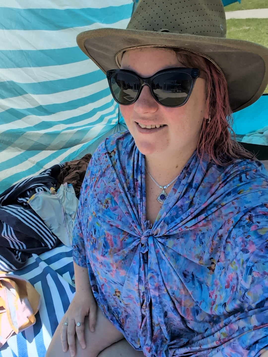 Nic wearing Jacaranda Season Sun Wrap