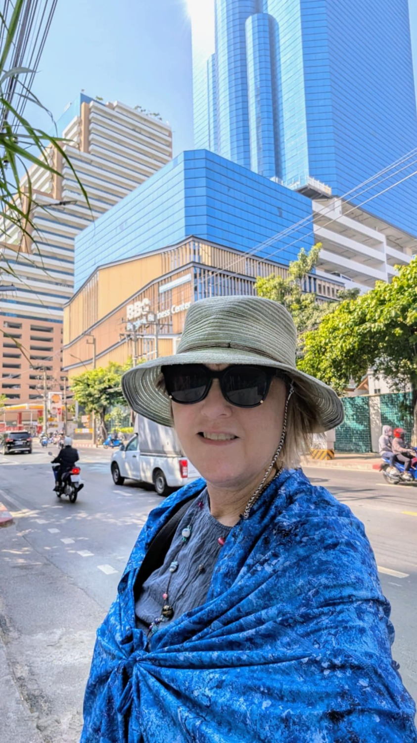 Carolyne wearing Fairy Wren Sun Wrap