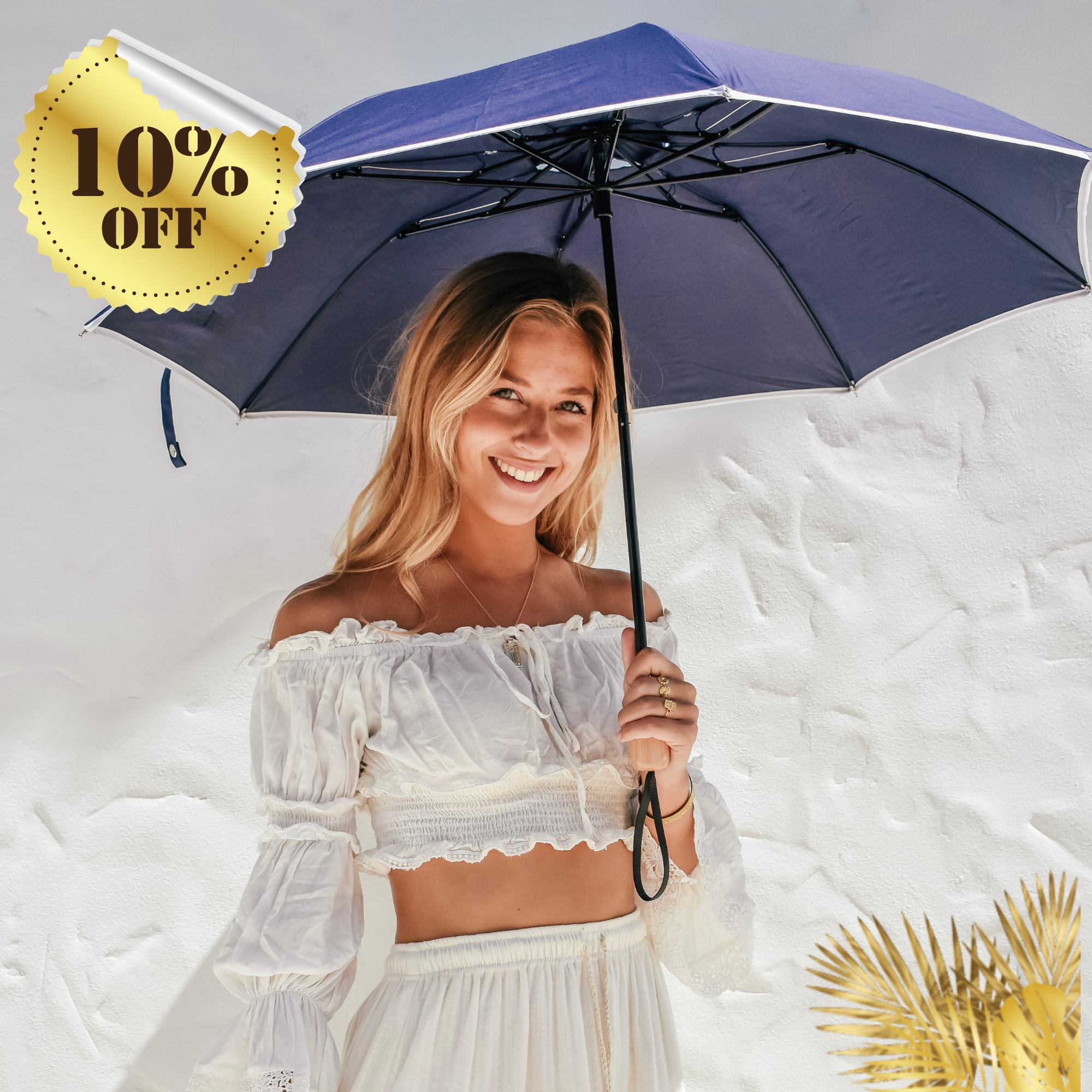 Compact Cosmopolitan UV Sun Umbrella - Navy with white trim