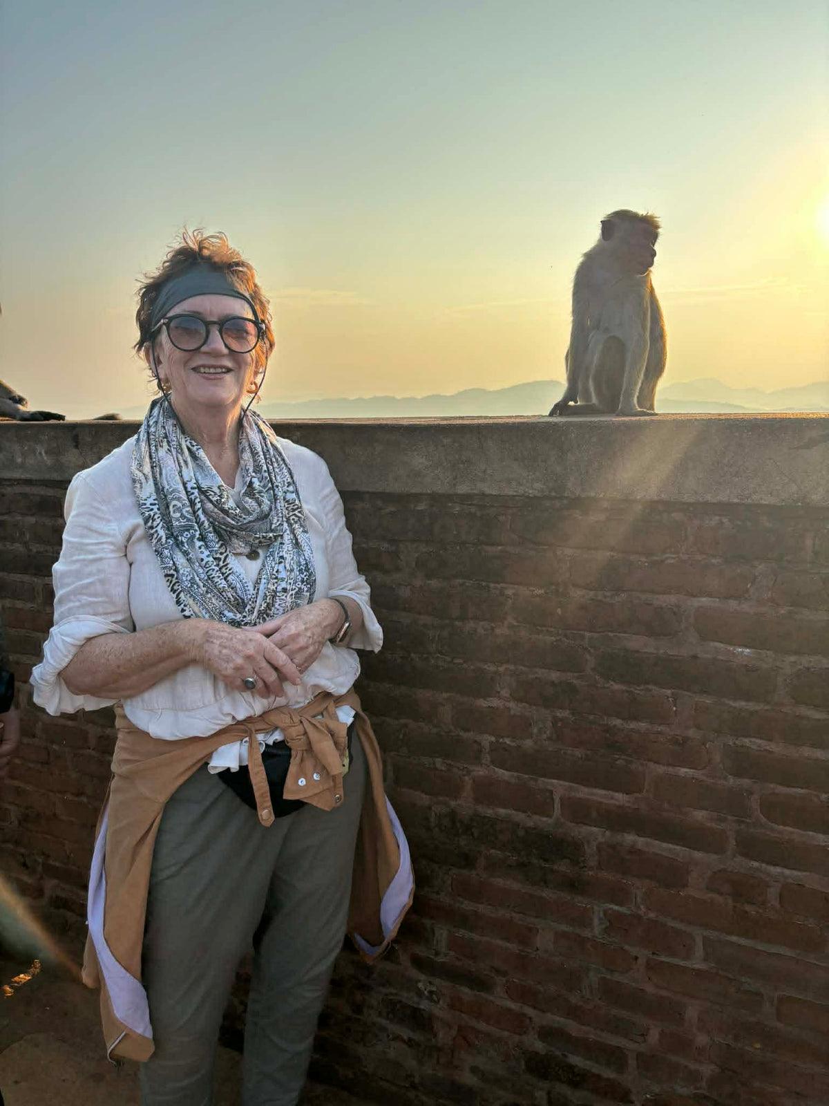 Margaret wearing Faded Leopard Sun Wrap