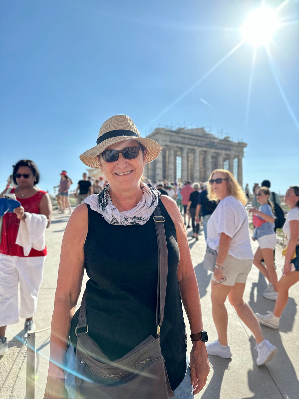 Pam wearing Midnight Blossoms Sun Wrap