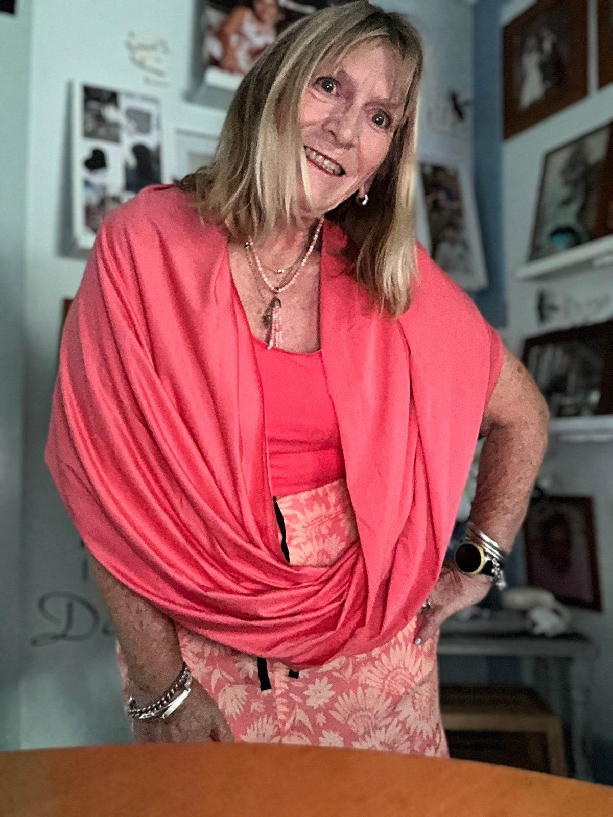 Rosemary wearing Sugar Coral Sun Wrap