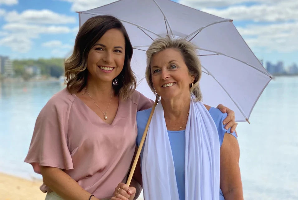 Sun Bella - About us.  Casey and Jillian hold a Sun Bella UV sun umbrella